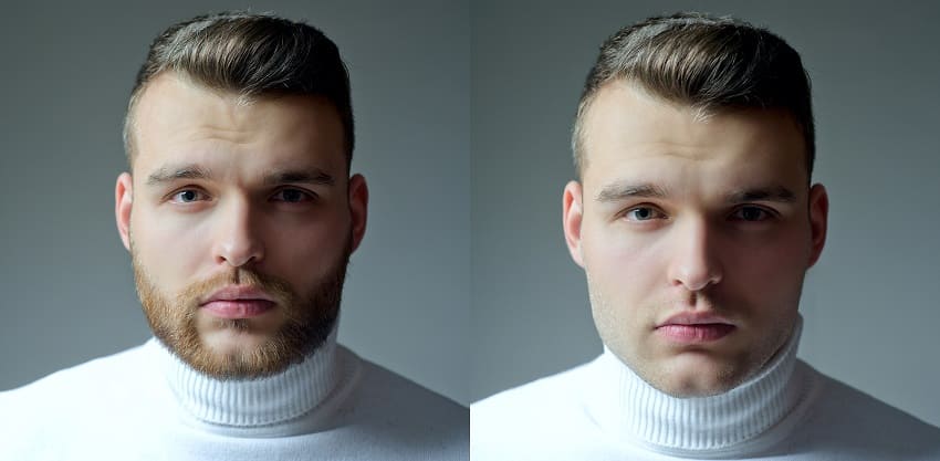 Junger Mann links mit modernem Bart und rechts rasiert